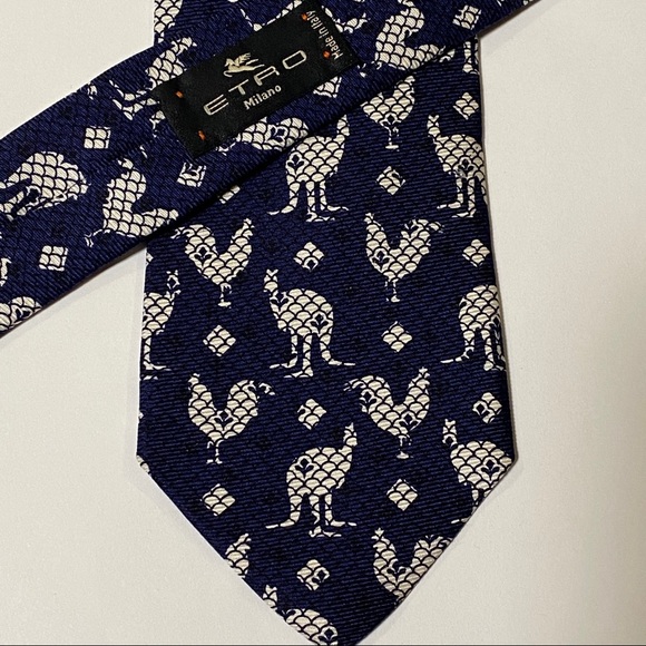 ETRO Signature Rooster Kangaroo Tie Blue White new - Picture 1 of 6